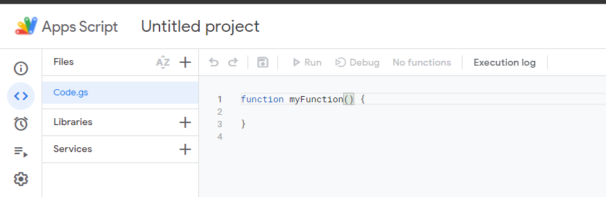 Screenshot of new blank Apps Script code